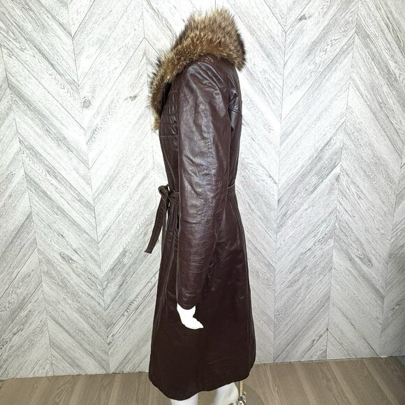 Vintage 70s Leather Trench Coat Womens Small Brown Belted Fur Trim Collar Boho - Picture 3 of 13
